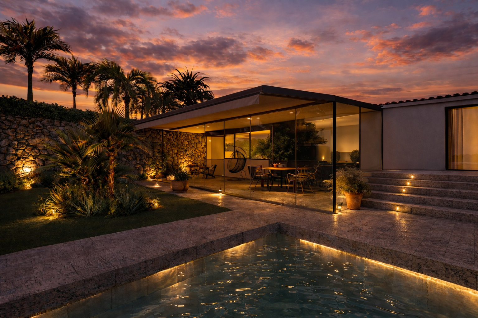 Rendu 3D d'une pergola bioclimatique de nuit avec éclairage chaud — Net-Coop