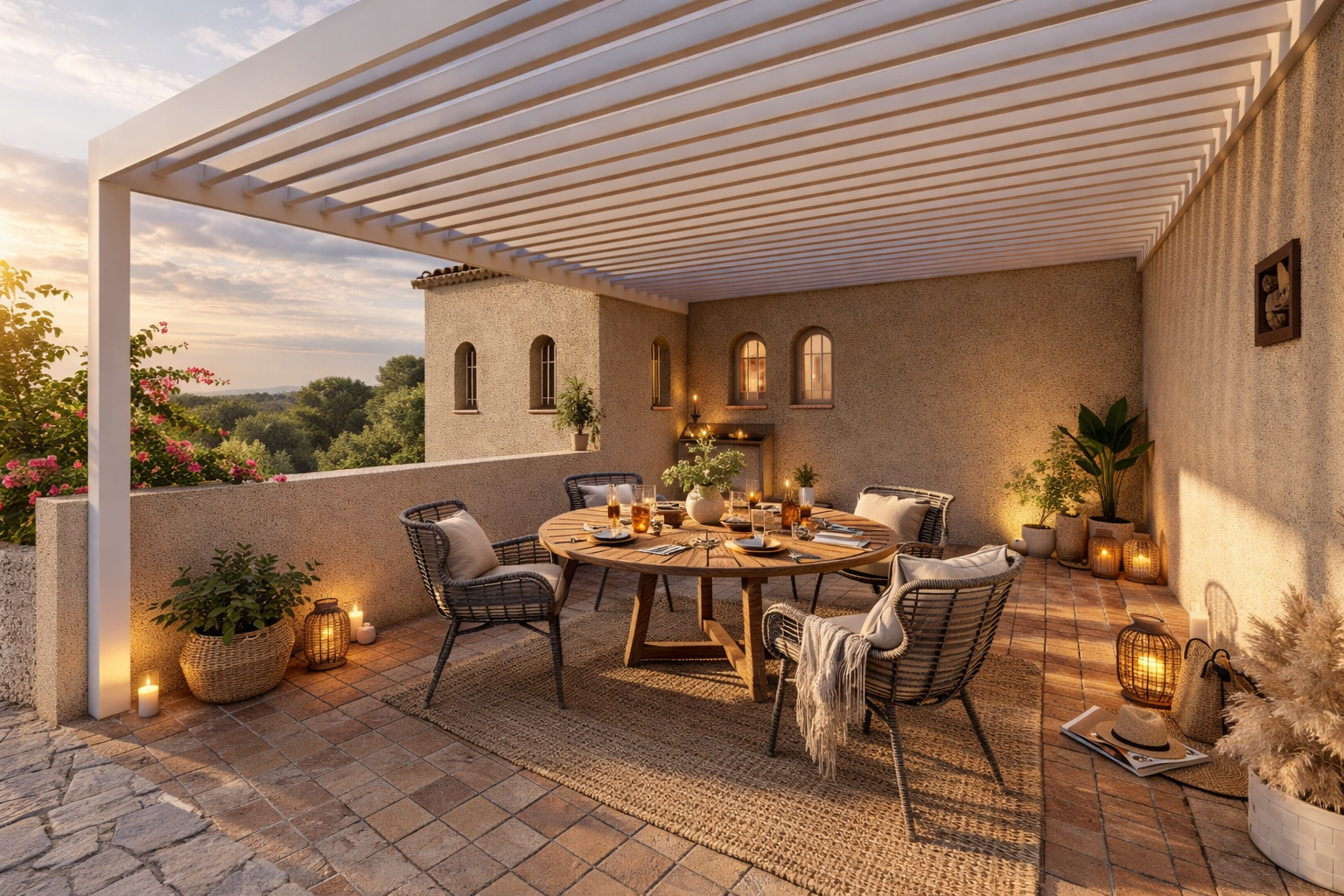 Rendu 3D d'une pergola méditerranéenne au coucher de soleil — Net-Coop