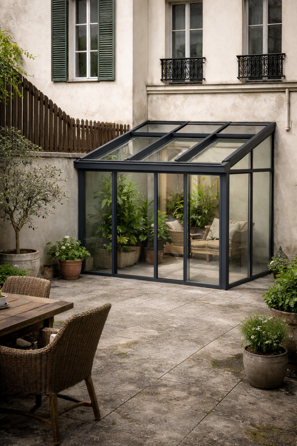 Rendu 3D d'une véranda en aluminium dans une cour parisienne — Net-Coop