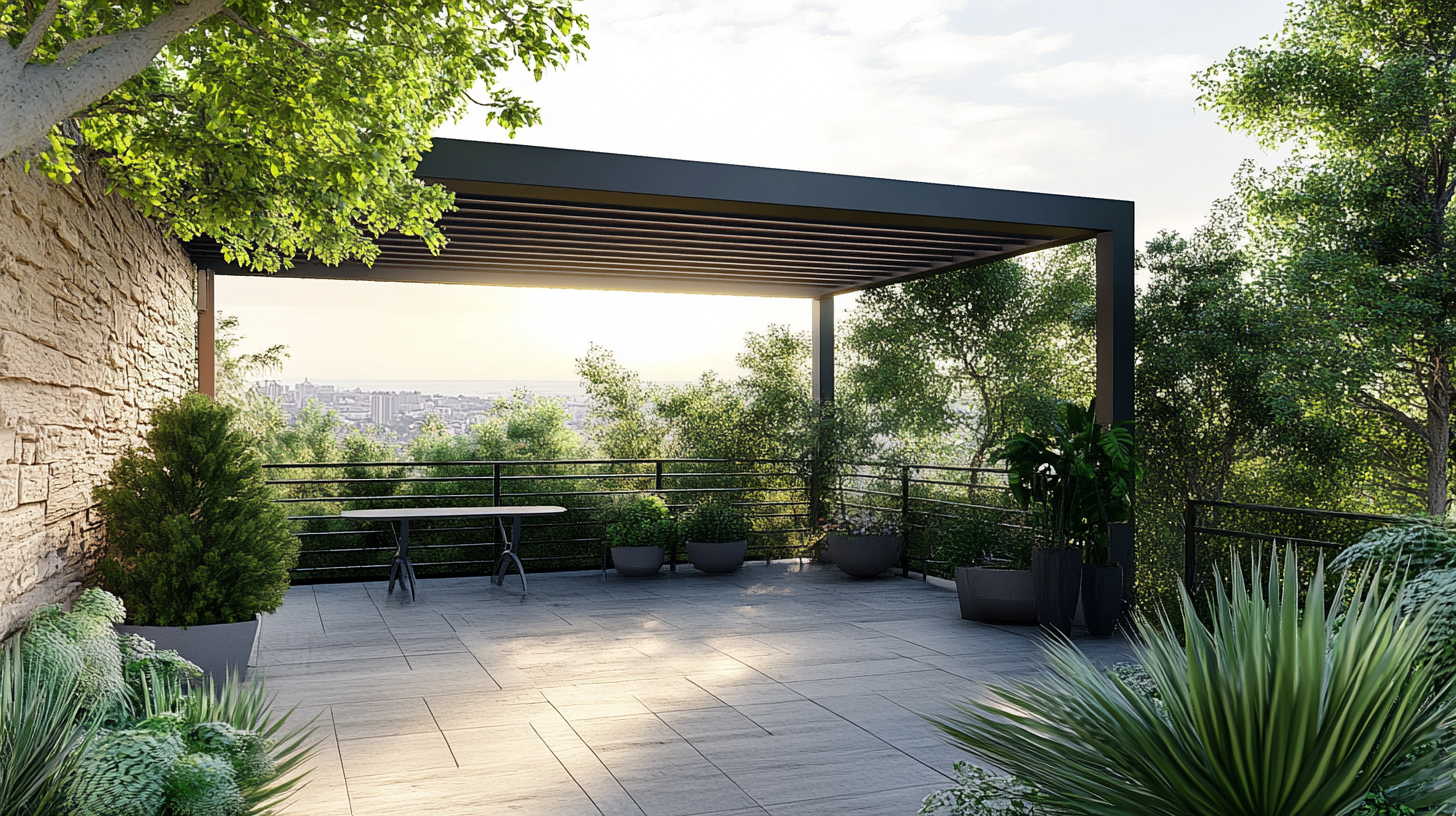 Rendu 3D photoréaliste d'une pergola bioclimatique avec terrasse — Net-Coop