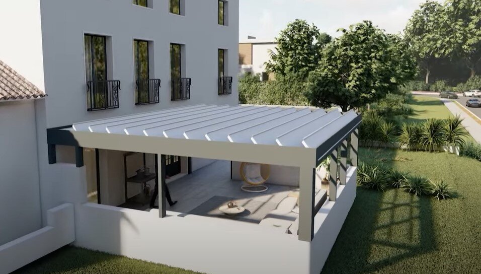 Visuel 3D d'une pergola bioclimatique orientable et rétractable