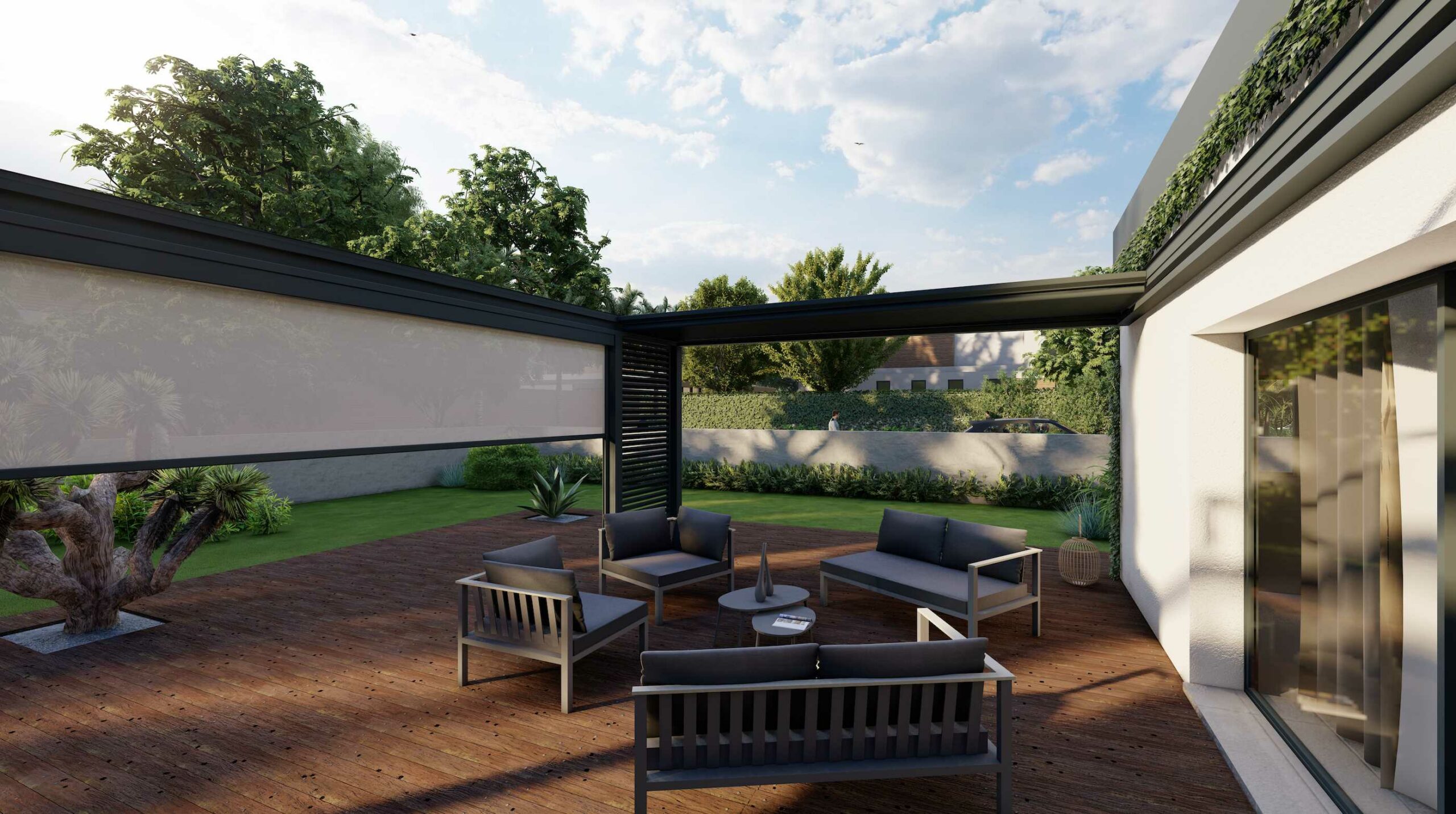 Pergola bioclimatique avec store screen et claustra aluminium de NetCoop, spécialiste en aménagement extérieur 3D.